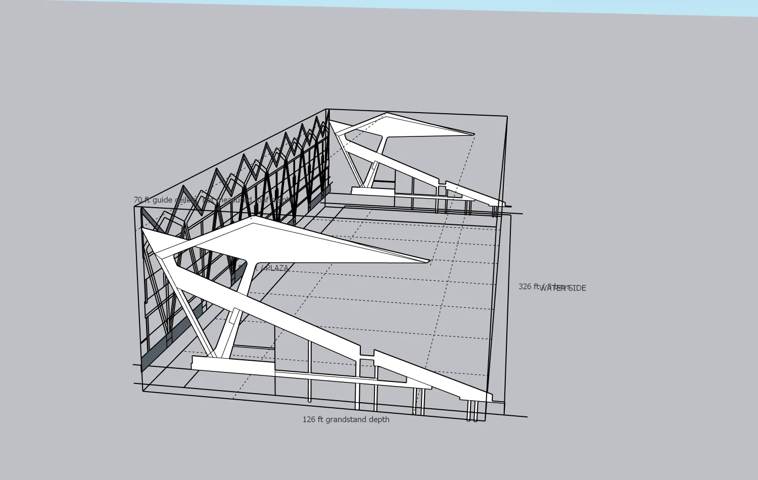 Wireframe 3D model showing the grandstand section profile and folded-plate roof drawn to as-built dimensions, with no surfaces applied.