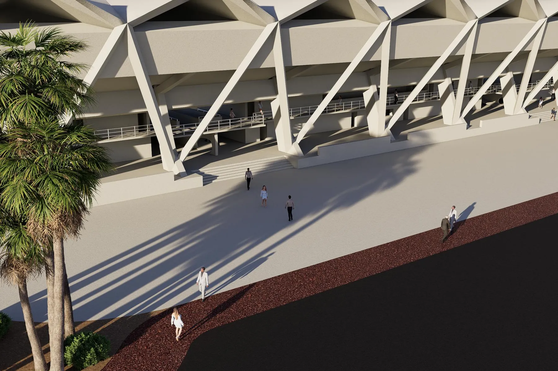 Rendering of Miami Marine Stadium's rear plaza at golden hour. Folded concrete columns cast long shadows across pale paving, with people walking beneath tall palms.