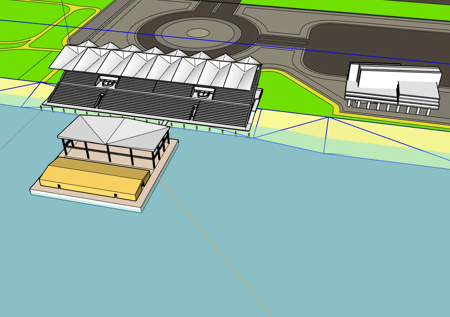 3D model of the stadium placed in its real site, showing the basin, the causeway and the Virginia Key shoreline.