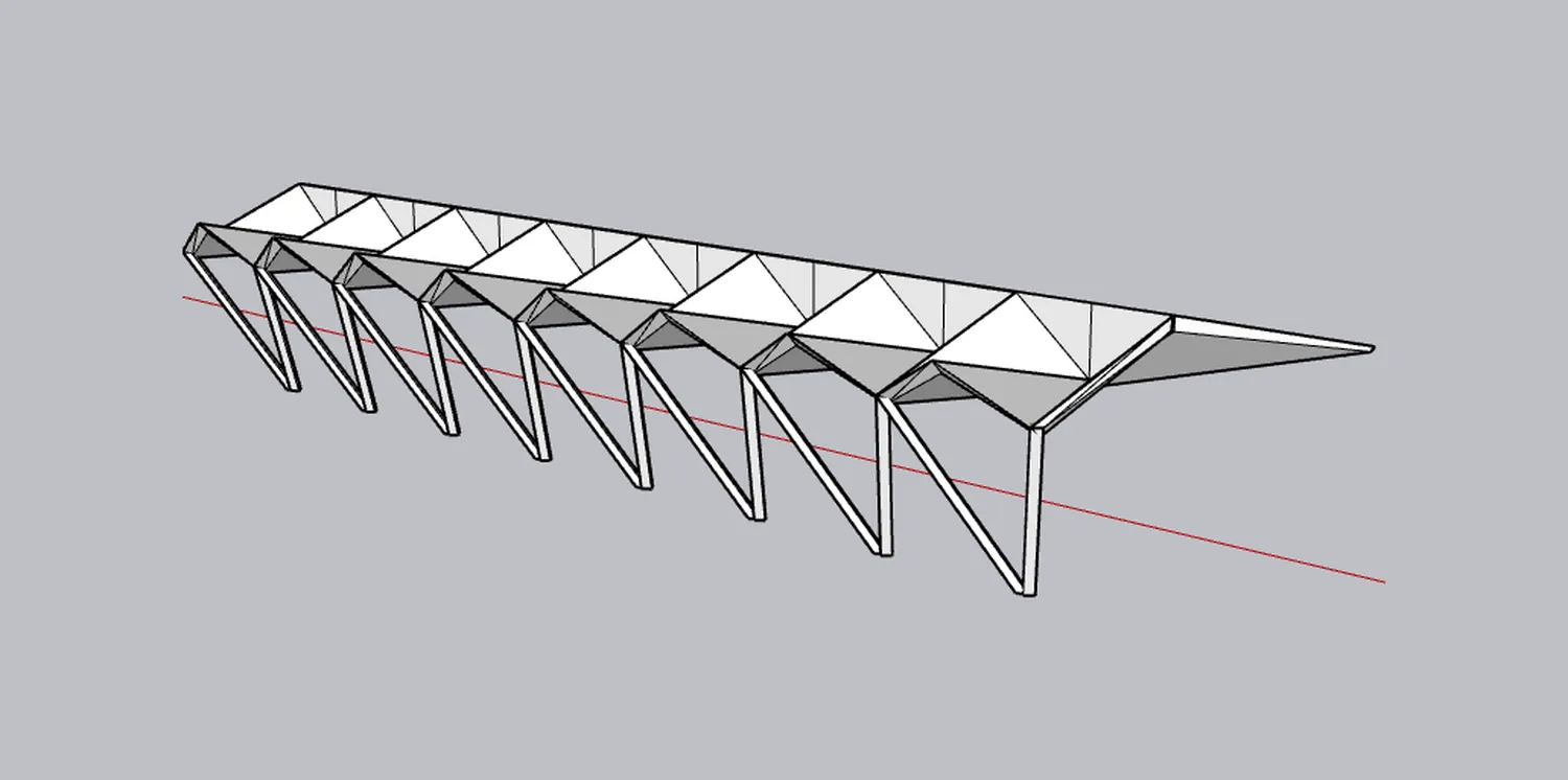 3D model of the folded-plate concrete roof, eight units carried on inclined V-shaped columns.