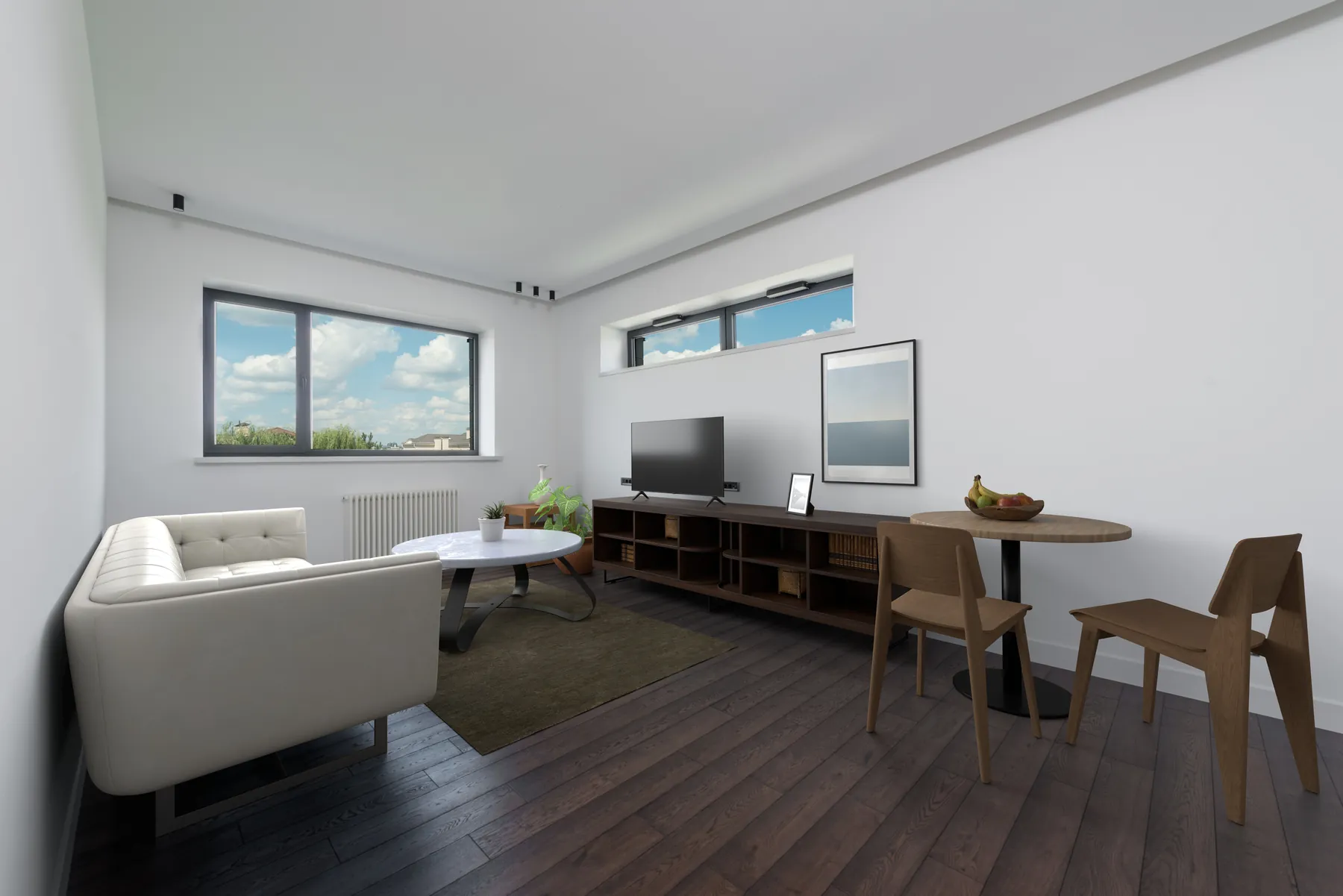 After: the same living room rendered in 3D with a white tufted sofa, a round marble coffee table on an olive rug, a low walnut media console with a television, a framed coastal print, and a small round table with two wooden chairs.